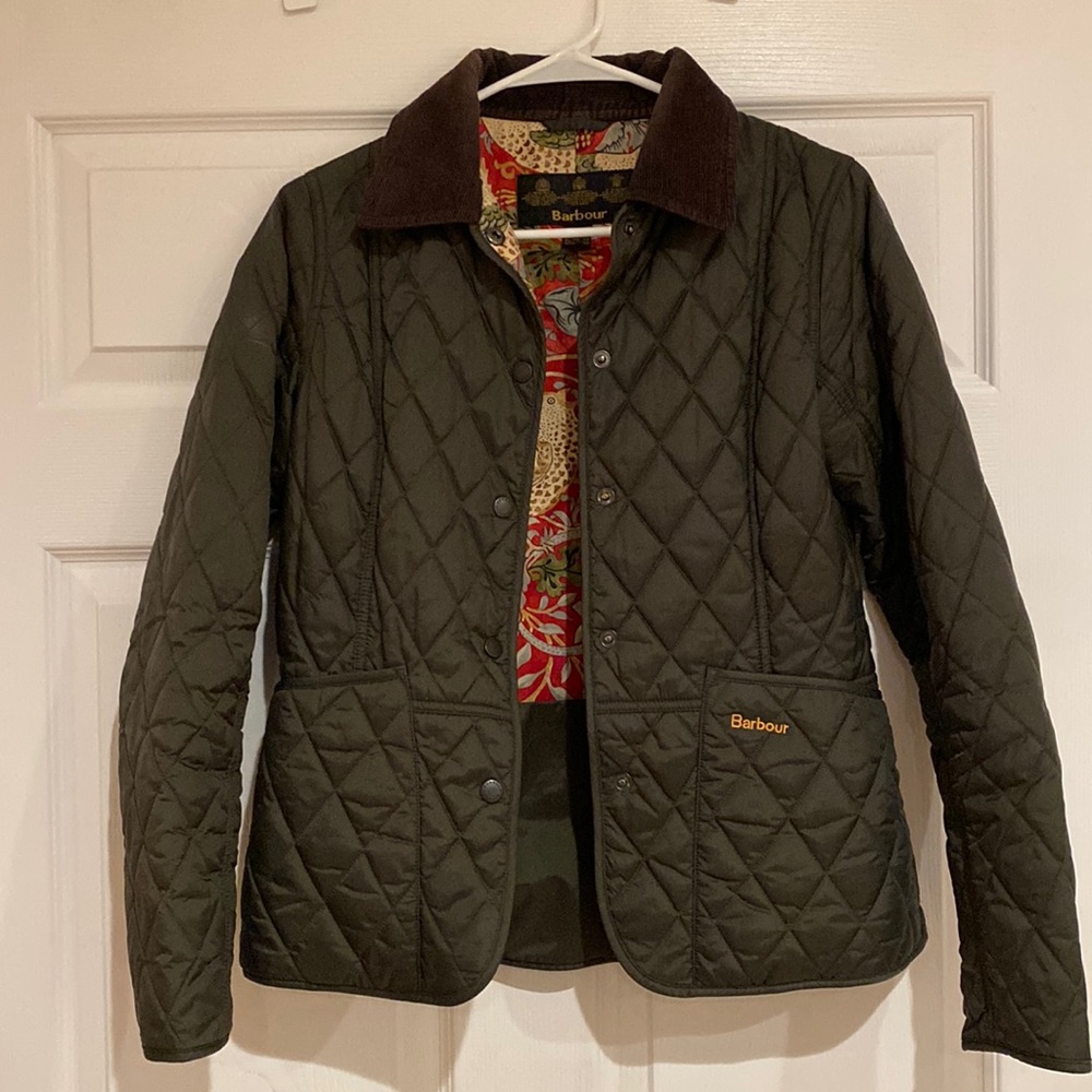 Barbour Dark Olive Quilted Jacket with Brown Cord Collar